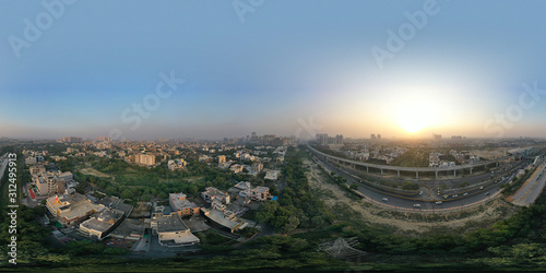 Panoramic aerial view of Noida,gurgaon, india, Rapid metro tracks in urban areas of Delhi NCR. Cityscape.