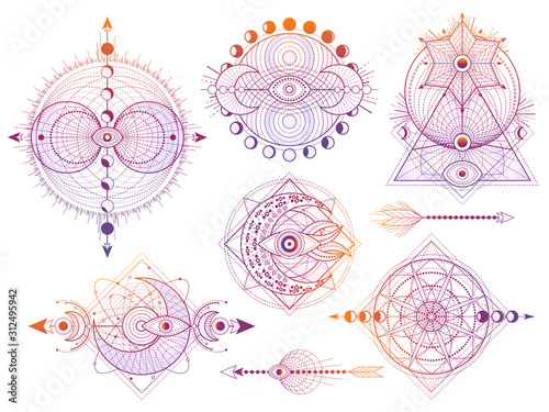 Vector set of Sacred geometry symbols with moon, sun, eye and arrows on white background. Abstract mystic signs collection. photo