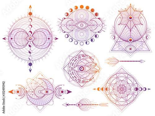 Vector set of Sacred geometry symbols with moon, sun, eye and arrows on white background. Abstract mystic signs collection.