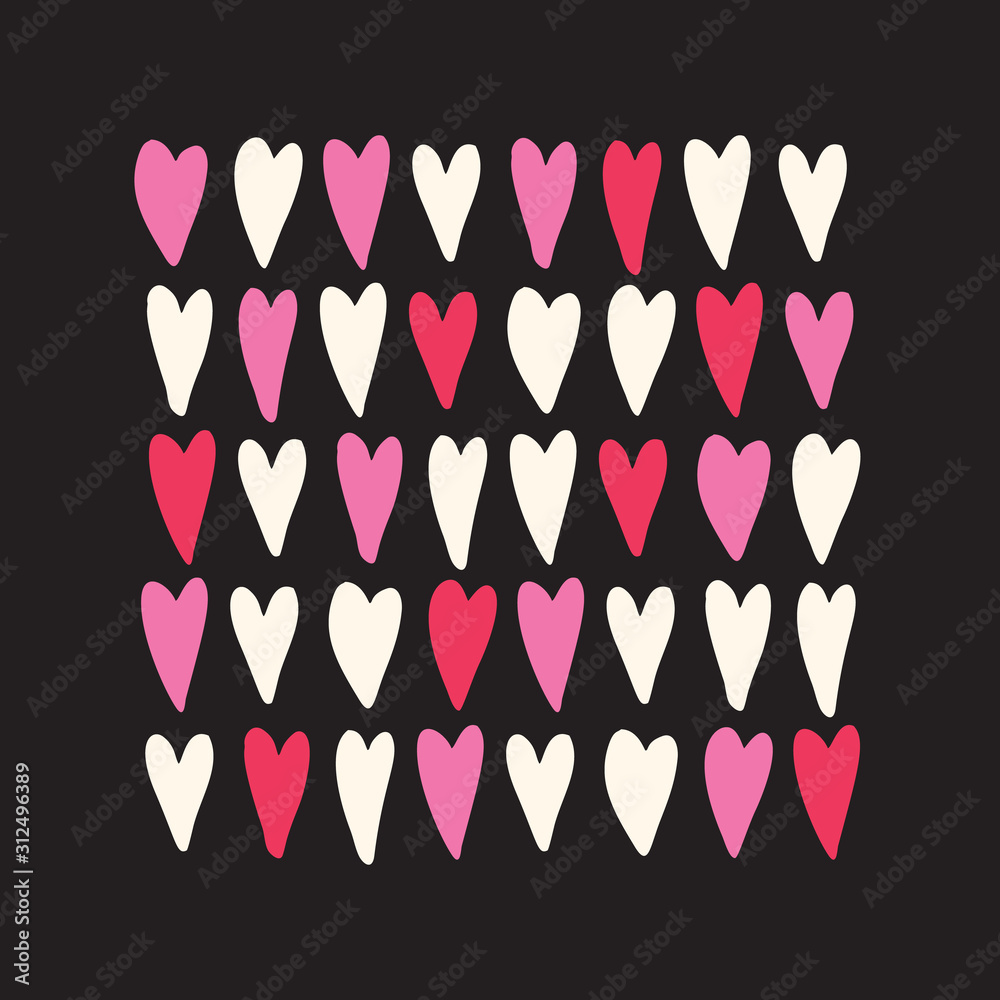 Fototapeta Valentine's Day Square Banner with Hand-Drawn Pink and Read Hearts on Black Background