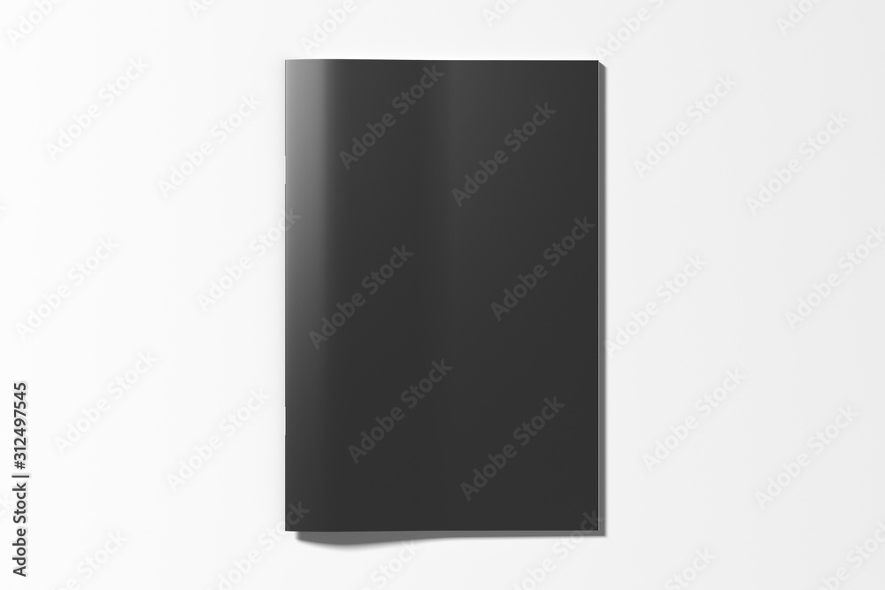 Black brochure or booklet cover mock up on white. Isolated with clipping path around brochure. View above. 3d illustratuion