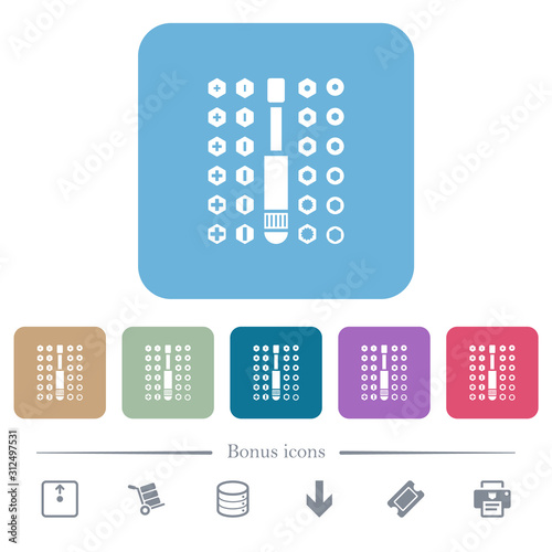 Set of screwdriver bits flat icons on color rounded square backgrounds