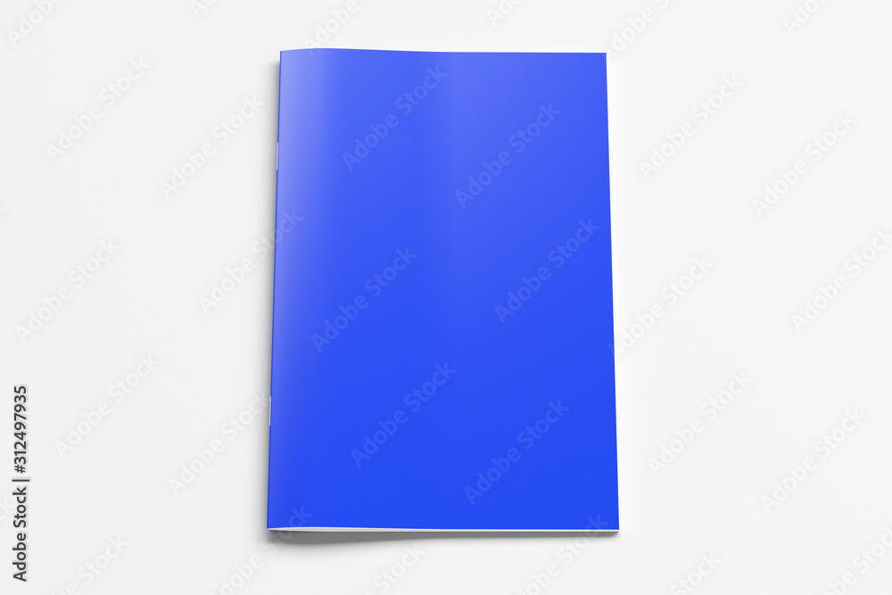 Blue brochure or booklet cover mock up on white. Isolated with clipping path around brochure. Side view. 3d illustratuion Blue brochure or booklet cover mock up on white. Isolated with clipping path around brochure. Side view. 3d illustratuion