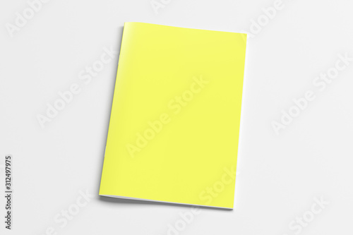 Yellow brochure or booklet cover mock up on white. Isolated with clipping path around brochure. Side view. 3d illustratuion