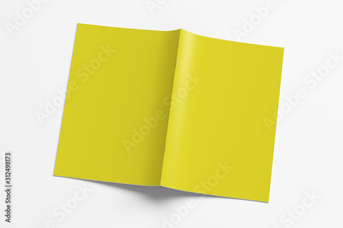 Yellow brochure or booklet cover mock up on white. Brochure is open and upside down. Isolated with clipping path around brochure. 3d illustratuion