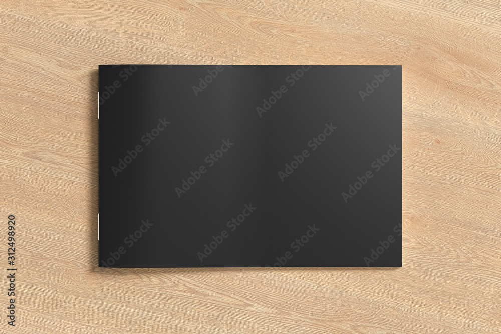 Black horizontal brochure or booklet cover mock up on wooden background. Isolated with clipping path around brochure. View above. 3d illustratuion Black horizontal brochure or booklet cover mock up on wooden background. Isolated with clipping path around brochure. View above. 3d illustratuion