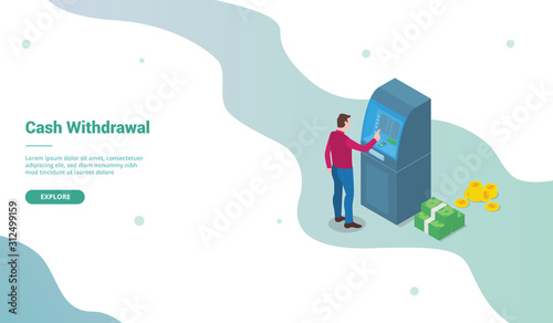 cash withdrawal for website template or landing homepage with isometric style - vector