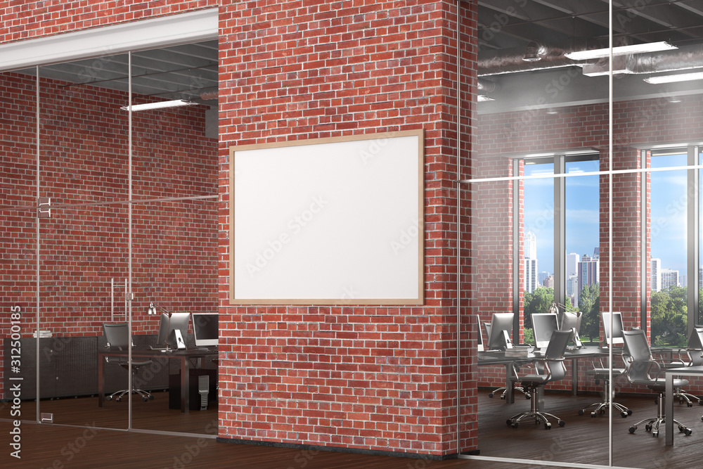 Blank horizontal poster mock up on the red brick wall in office