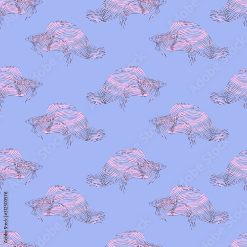 Colorful siam fish, seamless pattern on blue background. Vector illustration, watercolor imitation.