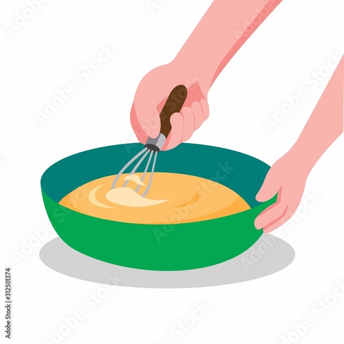 hand stirring dough in bowl, cooking process cartoon flat illustration vector