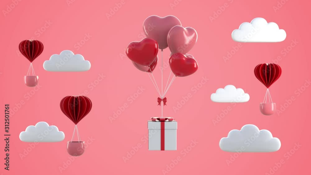 3d animation render of floating box and balloon for valentine day.3d ...