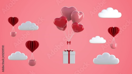 3d animation render of floating box and balloon for valentine day.3d loop animation gift box.