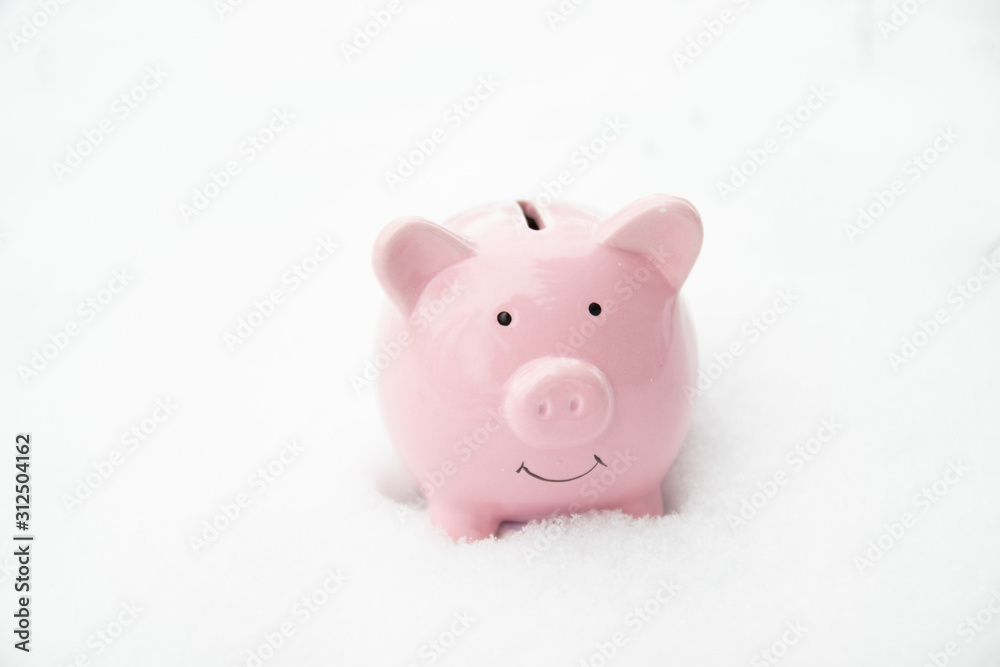 A pink piggy bank stands in the snow on the street