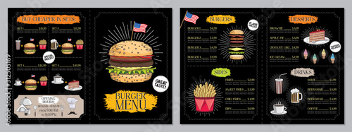 Burger restaurant / bar menu template (burgers, french fries, desserts, drinks, sets) - 2 x A4 (210x297 mm) card