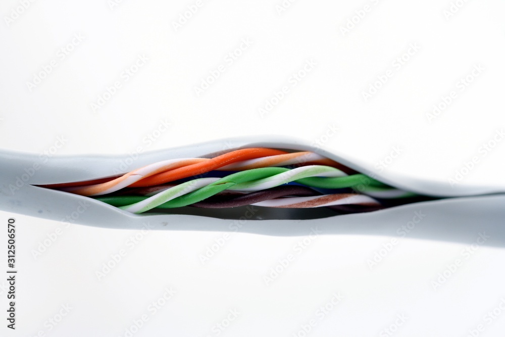 Computer cables on white background