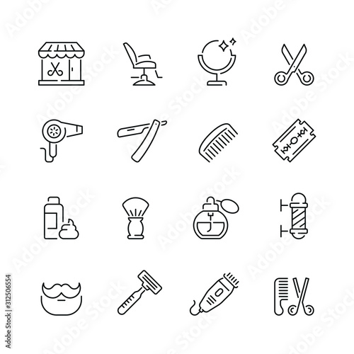 Barbershop related icons: thin vector icon set, black and white kit