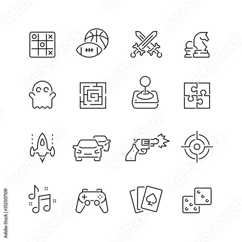 Video game related icons: thin vector icon set, black and white kit