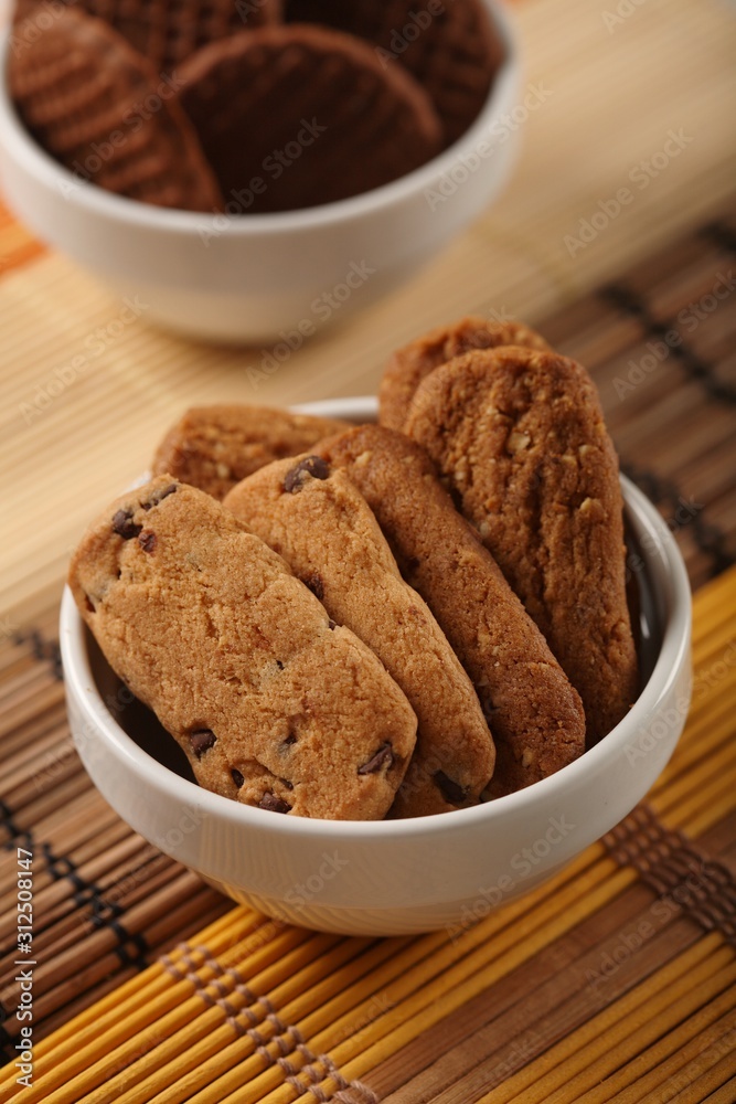 Cookies in white bowl - close-up Cookies in white bowl - close-up
