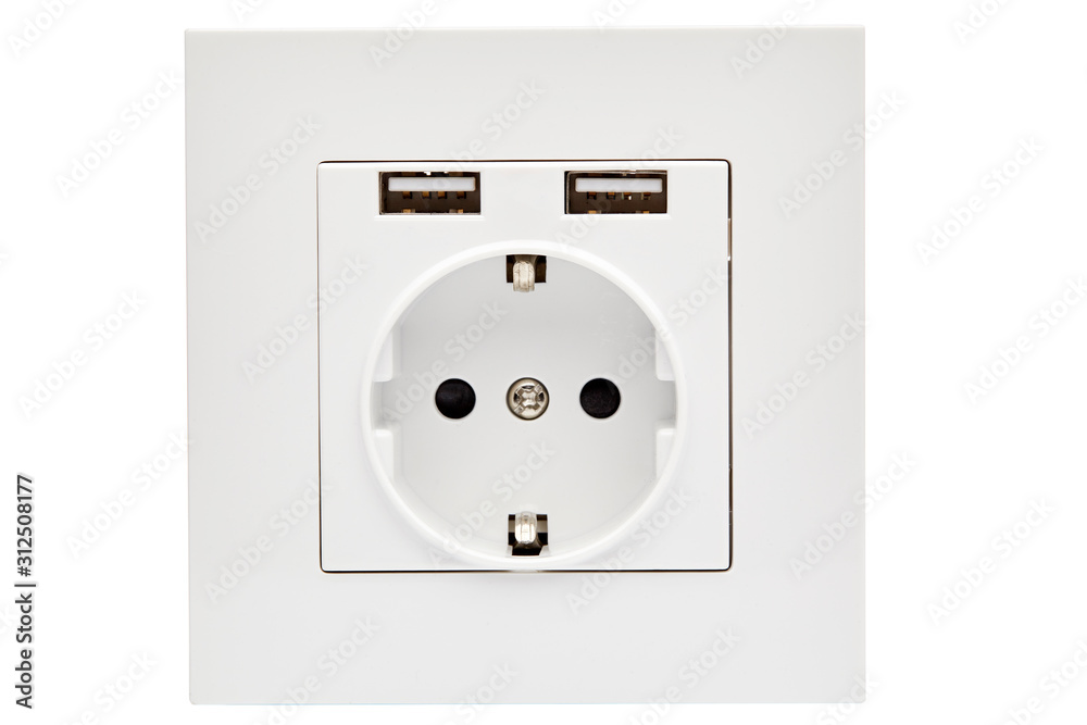 Power socket standard 220 volt with two connectors usb for charging mobile devices isolated on white background. Close up. Power socket standard 220 volt with two connectors usb for charging mobile devices isolated on white background. Close up.