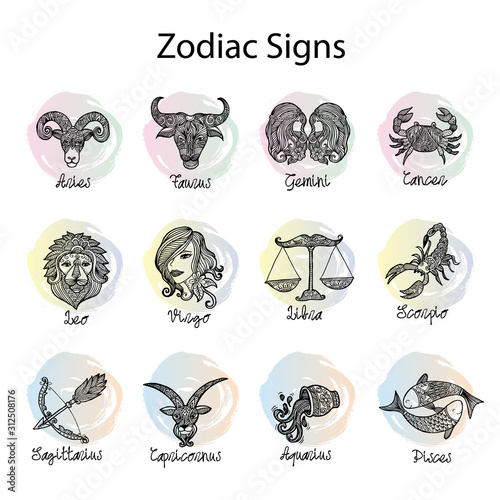 Set of 12 zodiac horoscope icons.