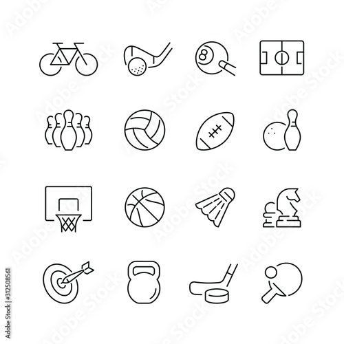 Sport equipment related icons: thin vector icon set, black and white kit