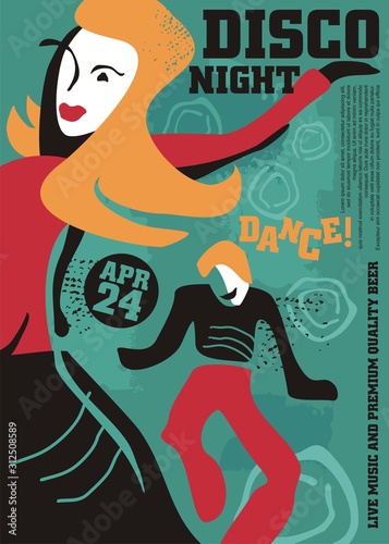 Dancing couple artistic poster design for disco night. Dance party invitation template with colorful drawing of man and woman having fun. Music and DJ vector illustration.