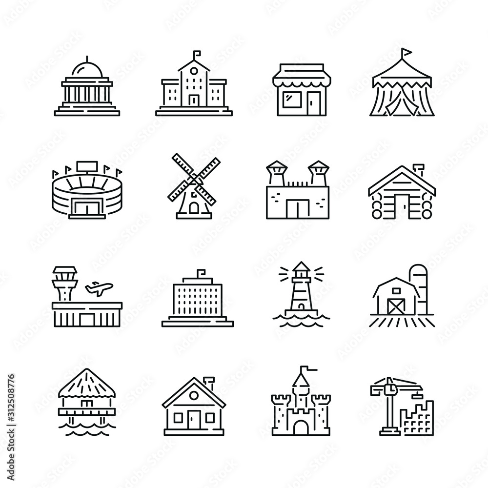 Buildings related icons: thin vector icon set, black and white kit