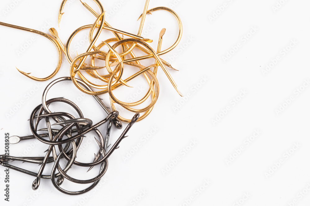 Fishing hooks isolated on white background. Fishing equipment