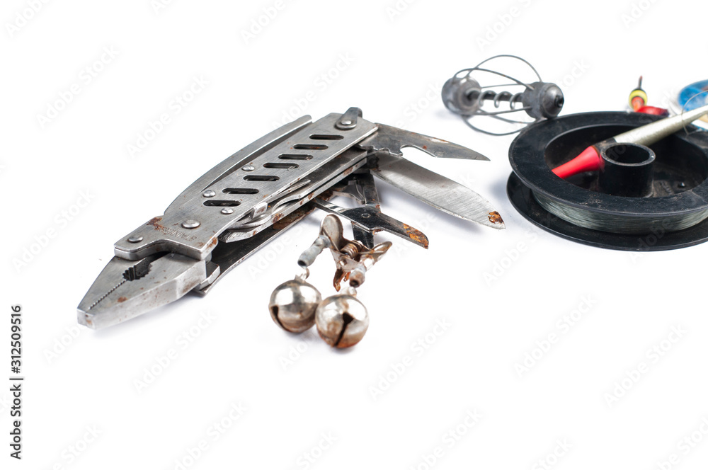 Fishing equipment isolated on white background