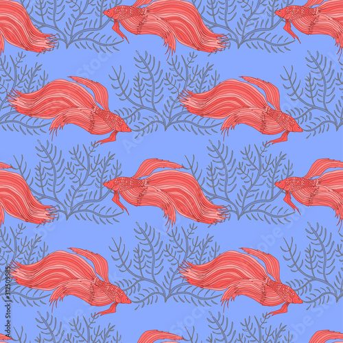 Red siam fishes and seaweeds on blue background. Vector hand drawn illustration.