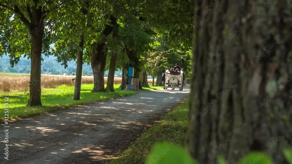Peaceful view of the carriage moving away n the lonely country road Peaceful view of the carriage moving away n the lonely country road