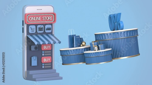 3d animtion render online shopping store on smartphone device.shopping online promotion concept for online store.installment payment 0% Credit card.