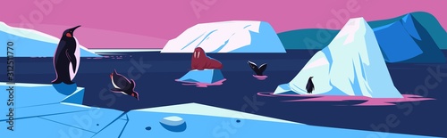 Arctic. Northen landscape with icebergs and penguins, wallrus. Vector illustration