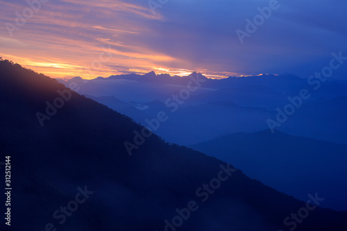 Looking down on Sierra Nevada de Santa Marta  high Andes mountains of the Cordillera  Paz  Colombia. Travel holiday in Colombia. Sunrise in the mountain.