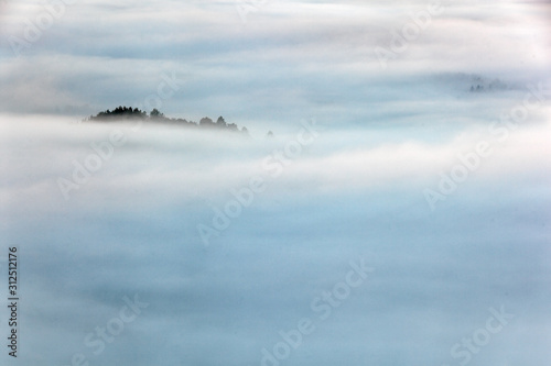 Fog with island hill, misty morning. Hills and villages with foggy morning. Morning fall valley of Bohemian Switzerland park. Hills with fog, landscape of Czech Republic. Clouds in autumn nature. © ondrejprosicky