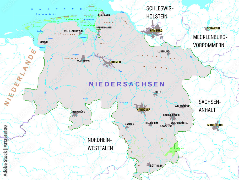 Map of the federal state of Niedersachsen (Lower Saxony) - Germany