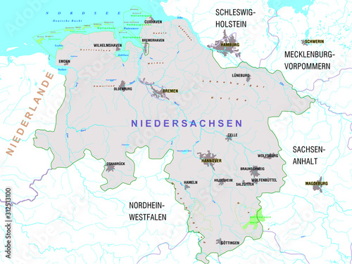 Map of the federal state of Niedersachsen  Lower Saxony  - Germany