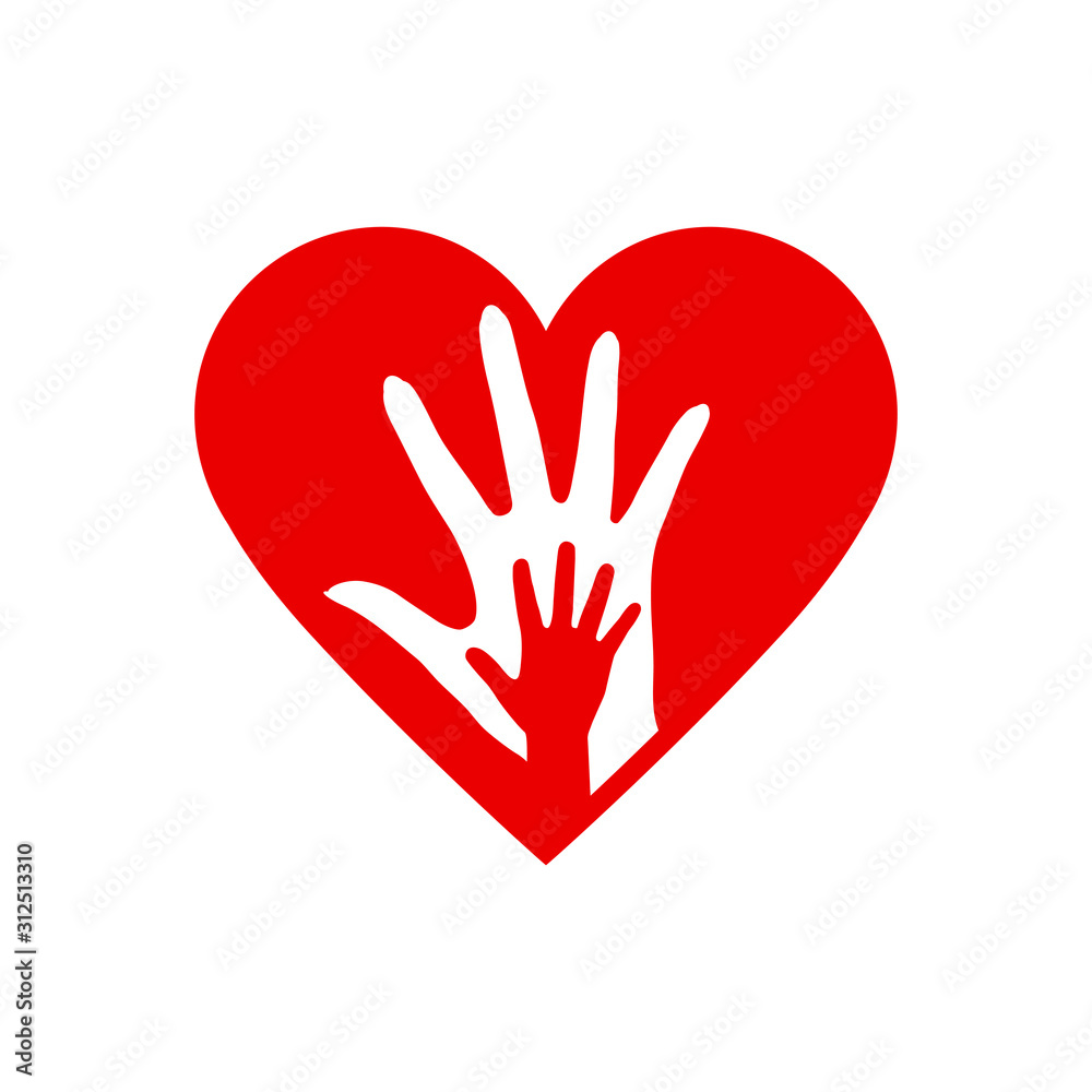 Obraz premium Two Hands in the Heart Icon as Orphan Children Adoption Metaphor. Great Illustration for Could be also used Church Logo or Donation Icon on White Background