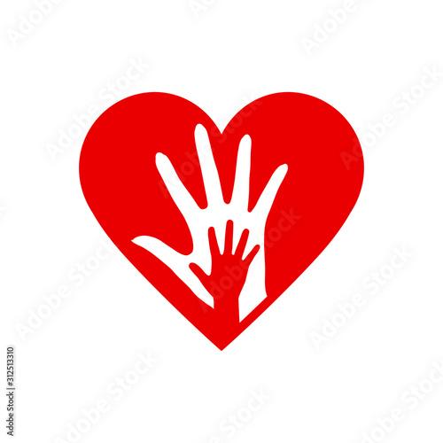 Two Hands in the Heart Icon as Orphan Children Adoption Metaphor. Great Illustration for Could be also used Church Logo or Donation Icon on White Background