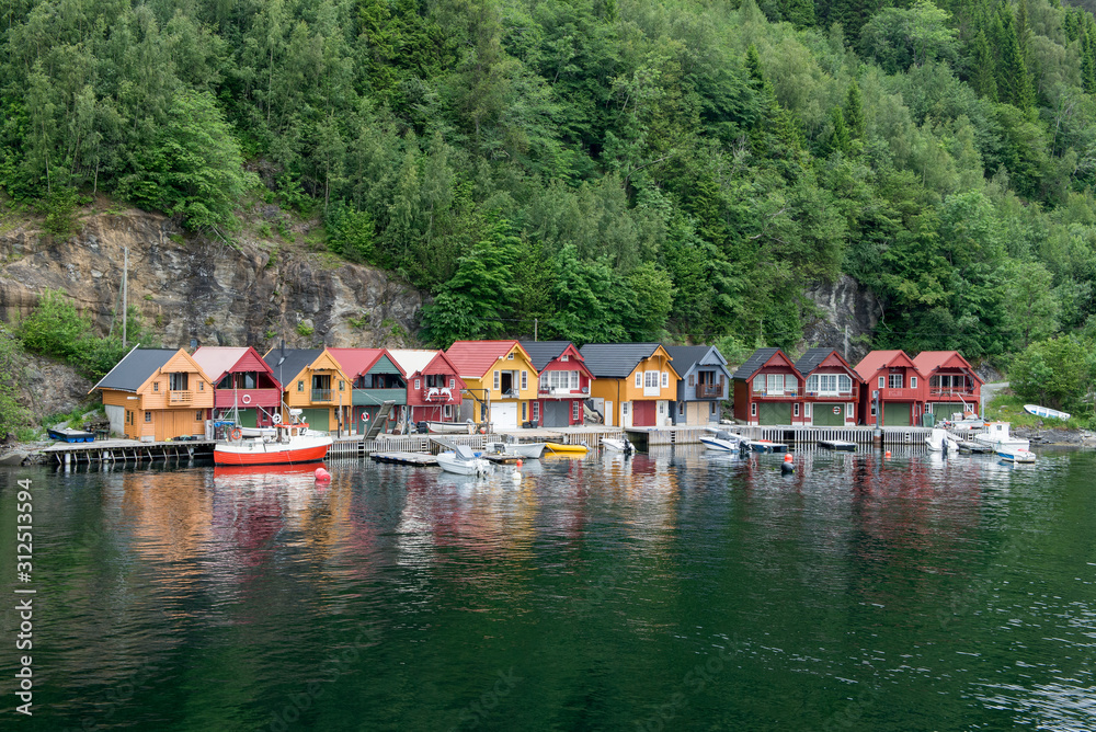Hatvik -Bergen / Norway 07.01.2015. Panoramic view of the fishermen's houses next to the Hardanger Fjord
