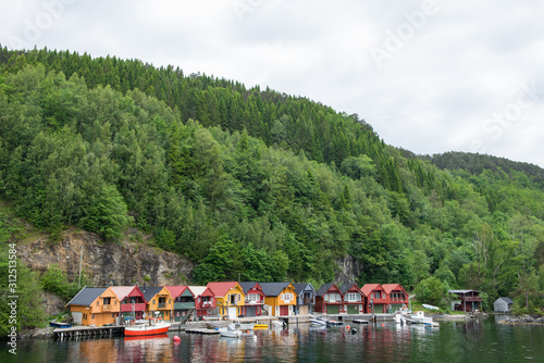 Hatvik -Bergen / Norway 07.01.2015. Panoramic view of the fishermen's houses next to the Hardanger Fjord photo