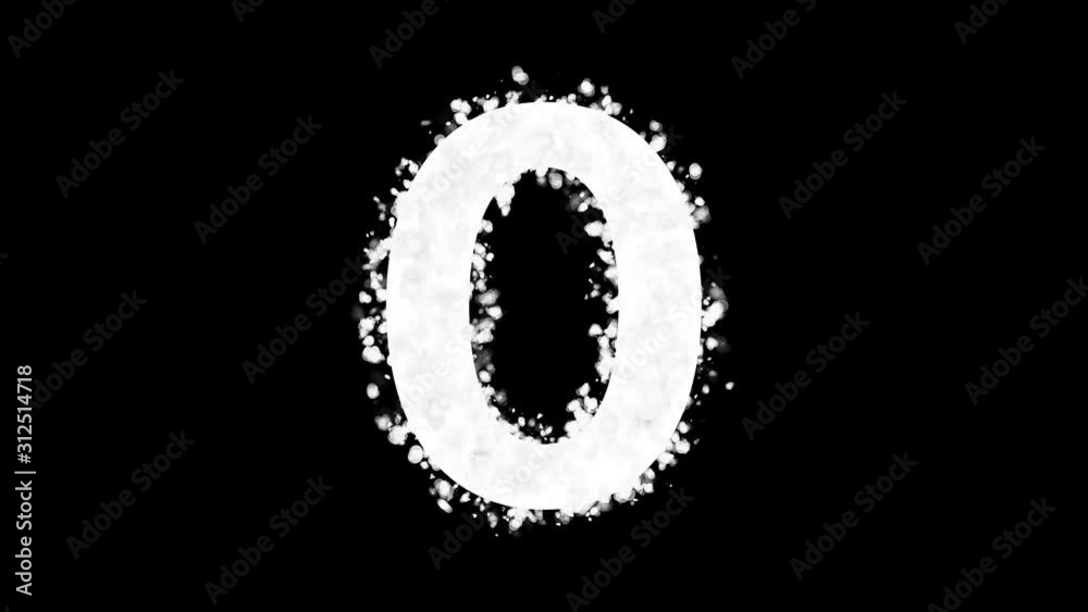 Number 0 appears with white particles on black background Number 0 appears with white particles on black background