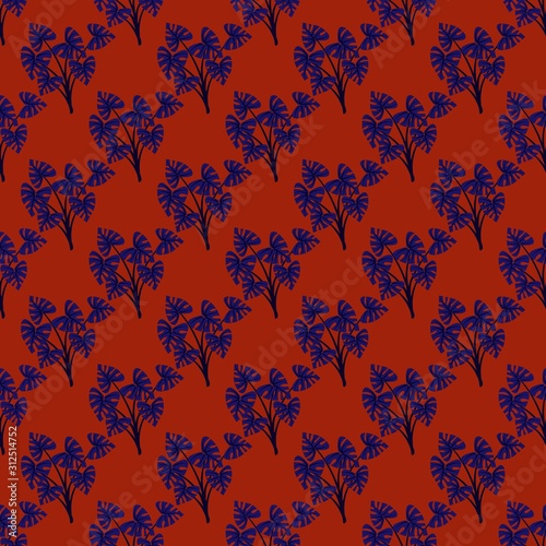 seamless floral pattern . blue tropical shrubs on a dark orange background
