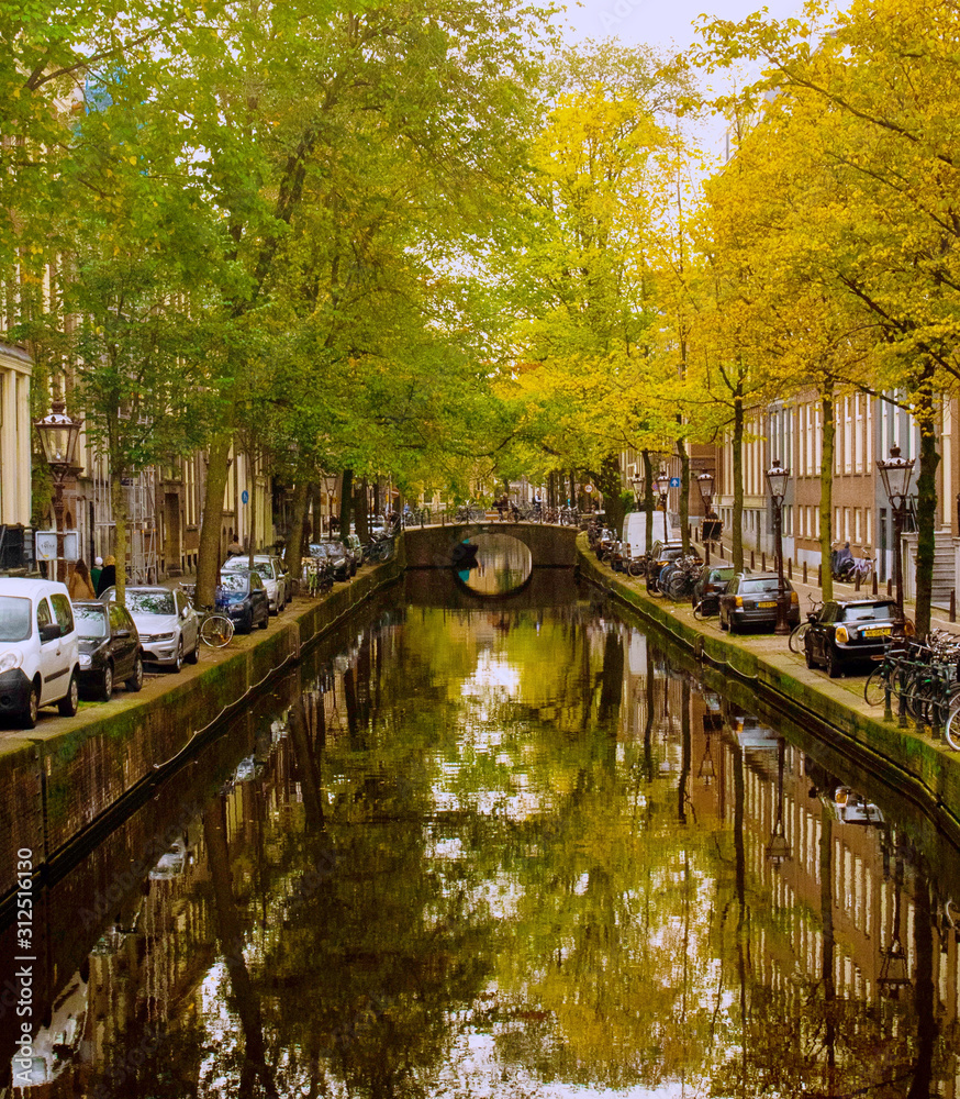 reflections in Amsterdam canal in autumn 