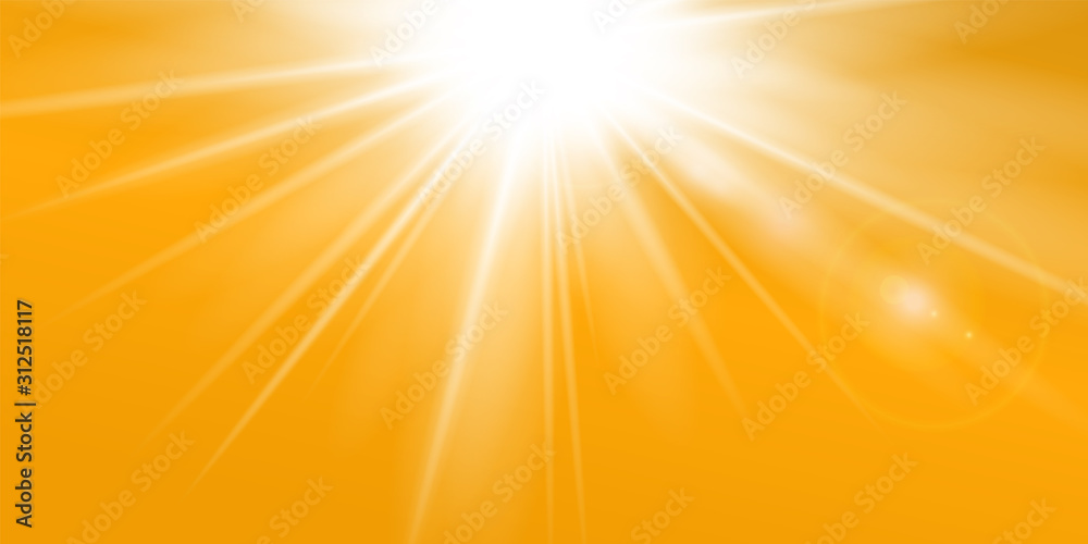Obraz premium Rays yellow background. Gold sunny sky. Heat sunburs, hot weather. Sunshine orange sky. White warm sunlight. Bright golden solar sunrise, summer template. Lens optic effect. Vector illustration