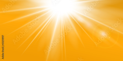 Rays yellow background. Gold sunny sky. Heat sunburs, hot weather. Sunshine orange sky. White warm sunlight. Bright golden solar sunrise, summer template. Lens optic effect. Vector illustration photo