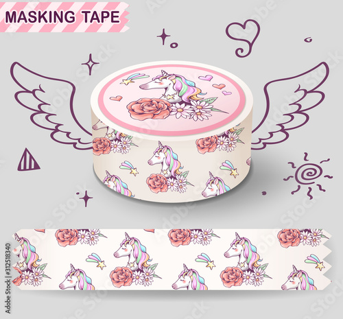 Unicorn and flower, heart, star and rainbow pattern on masking tape,  kawaii character cartoon design pattern, Make it cute on diary book, letter, gift wrapping and decorate cards.