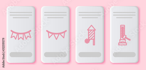 Set line Carnival garland with flags, Carnival garland with flags, Firework rocket and High striker attraction with big hammer. White rectangle button. Vector