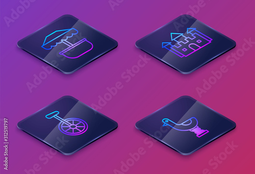 Set Isometric line Attraction carousel, Unicycle or one wheel bicycle, Castle and Riding kid duck. Blue square button. Vector