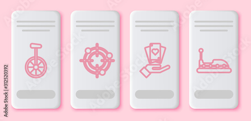 Set line Unicycle or one wheel bicycle, Target sport for shooting competition, Hand holding playing cards and Bumper car. White rectangle button. Vector